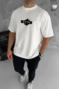 Erkek Kısa Kol Yazlık Tişört Bisiklet Yaka Baskılı Oversize T-Shirt - Beyaz