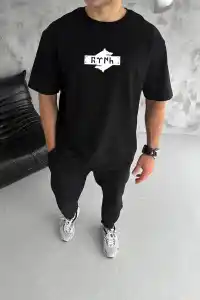 Erkek Kısa Kol Yazlık Tişört Bisiklet Yaka Baskılı Oversize T-Shirt - Siyah