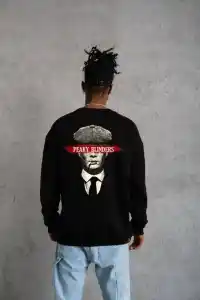 ERKEK 3 İplik Pamuklu Bisiklet Yaka Baskılı Oversize Sweatshirt - Siyah