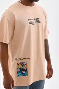Erkek  Bisiklet Yaka Baskılı Oversize T-Shirt - Bej