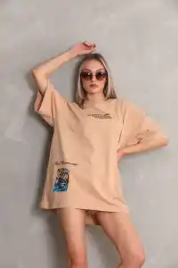 kadın Bisiklet Yaka Baskılı Oversize Kısa kol T-Shirt - Bej