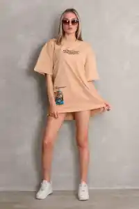 kadın Bisiklet Yaka Baskılı Oversize Kısa kol T-Shirt - Bej