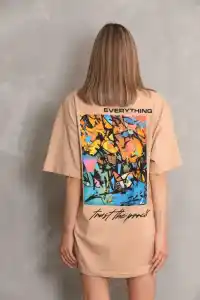 kadın Bisiklet Yaka Baskılı Oversize Kısa kol T-Shirt - Bej