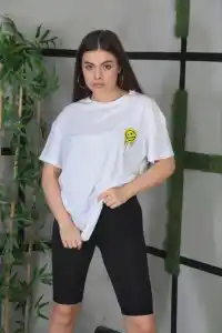Kadın Bisiklet Yaka Baskılı Kısa kol Oversize T-Shirt - Beyaz
