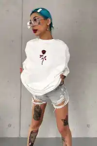 kadın Bisiklet Yaka Baskılı Oversize Kısa kol  T-Shirt - Beyaz