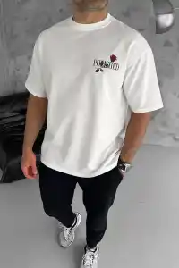 Erkek Kısa Kol Yazlık Tişört Bisiklet Yaka Baskılı Oversize T-Shirt - Beyaz