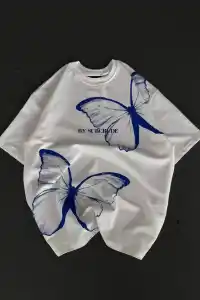 kadın  Bisiklet Yaka Baskılı Oversize T-Shirt - Beyaz