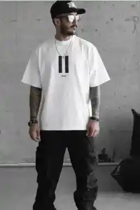 Erkek Kısa Kol Yazlık Tişört Bisiklet Yaka Baskılı Oversize T-Shirt - Beyaz
