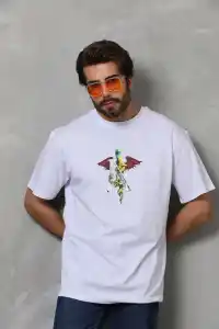 Erkek Baskılı T-Shirt Kısa Kol Bisiklet Yaka Regular Fit Rahat Kalıp Tişört -  Beyaz
