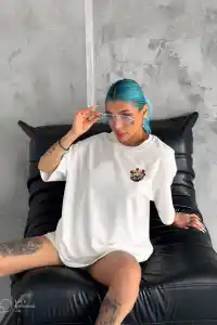 Kadın Kısa Kol Yazlık Tişört Bisiklet Yaka Kuru Kafa Baskılı T-Shirt - Beyaz
