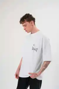 Erkek Kısa Kol Yazlık Tişört Bisiklet Yaka Baskılı Oversize T-Shirt - Beyaz