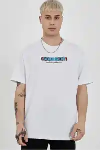 Erkek Kısa Kol Yazlık Tişört Bisiklet Yaka Baskılı Oversize T-Shirt - Beyaz