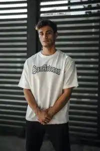 Erkek Kısa Kol Yazlık Tişört Bisiklet Yaka Baskılı Oversize T-Shirt - Beyaz