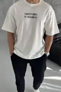 ERKEK Tişört Bisiklet Yaka Baskılı Oversize Kısa kol T-Shirt - Beyaz