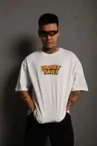 Erkek Bisiklet Yaka Baskılı Oversize Kısa kol T-Shirt - Beyaz