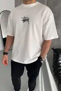 Erkek Tişört Bisiklet Yaka Baskılı Oversize Kısa kol T-Shirt - Beyaz
