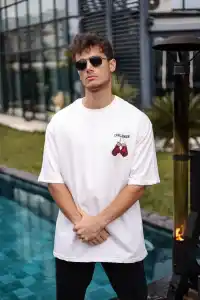 Erkek Kısa Kol Tişört Bisiklet Yaka Boxy Eldiven Baskılı T-Shirt - Beyaz