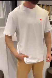 Erkek Kısa Kol Tişört Bisiklet Yaka KALP Baskılı Oversize T-Shirt - Beyaz
