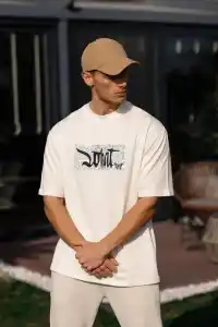 Erkek Kısa Kol Yazlık Tişört Bisiklet Yaka Baskılı Oversize T-Shirt - Beyaz