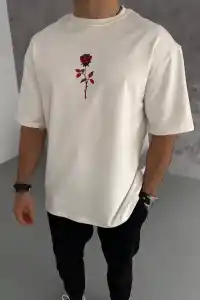 Erkek Kısa Kol Tişört Bisiklet Yaka GÜL Baskılı Oversize T-Shirt - Beyaz