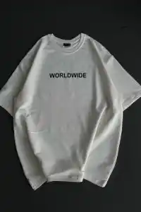 Kadın Baskılı T-Shirt Kısa Kol Bisiklet Yaka Oversize Rahat Kalıp Günlük Tişört   - Beyaz