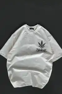 Kadın Baskılı T-Shirt Kısa Kol Bisiklet Yaka Oversize Rahat Kalıp Günlük Tişört   - Beyaz