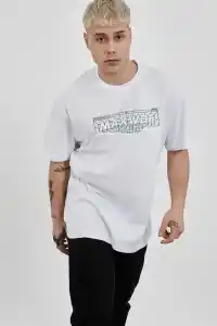 Erkek Kısa Kol Yazlık Tişört Bisiklet Yaka Baskılı Oversize T-Shirt -  Beyaz