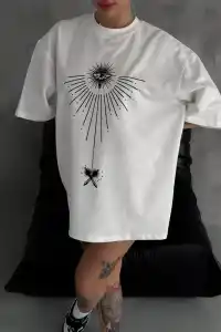 kadın Bisiklet Yaka Baskılı Oversize  Kısa kol T-Shirt - Beyaz