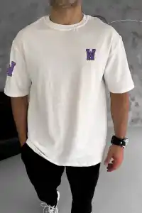 Erkek Kısa Kol Tişört Bisiklet Yaka W Wildone Baskılı T-Shirt - Beyaz