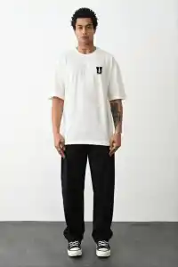 Erkek Kısa Kol Yazlık Tişört Bisiklet Yaka Baskılı Oversize T-Shirt - Beyaz