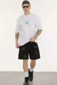 Erkek Kısa Kol Yazlık Tişört Bisiklet Yaka Baskılı Oversize T-Shirt - Beyaz