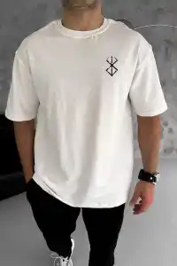 Erkek Kısa Kol Yazlık Tişört Bisiklet Yaka Baskılı Oversize T-Shirt - Beyaz