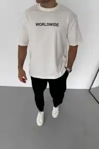 Erkek Yazlık Baskılı Tişört Bisiklet Yaka Kısa Kol Regular Fit T-Shirt - Beyaz