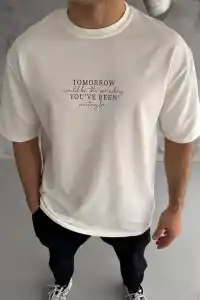 Erkek Kısa Kol Yazlık Tişört Bisiklet Yaka Baskılı Oversize T-Shirt - Beyaz