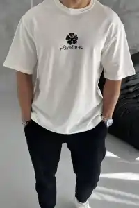 Erkek Kısa Kol Tişört Bisiklet Yaka YONCA Baskılı Oversize T-Shirt -  Beyaz