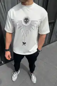 Erkek Kısa Kol Tişört Bisiklet Yaka GÜL Baskılı Oversize T-Shirt - Beyaz