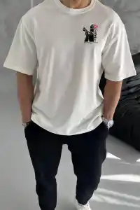 Erkek Kısa Kol Yazlık Tişört Bisiklet Yaka Baskılı Oversize T-Shirt - Beyaz