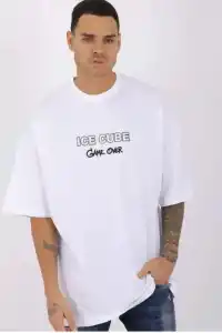 Erkek Kısa Kol Yazlık Tişört Bisiklet Yaka Baskılı Oversize T-Shirt - Beyaz