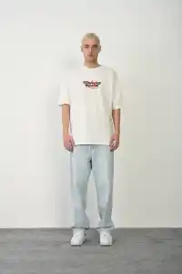 Erkek Kısa Kol Yazlık Tişört Bisiklet Yaka Baskılı Oversize T-Shirt - Beyaz