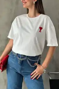 Kadın Tişört Bisiklet Yaka Baskılı Oversize Kısa Kol T-Shirt - Beyaz