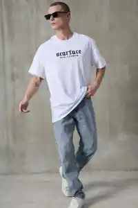 Erkek Kısa Kol Yazlık Tişört Bisiklet Yaka Baskılı Oversize T-Shirt - Beyaz