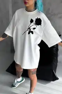 kadın Bisiklet Yaka Baskılı Oversize  Kısa kol T-Shirt - Beyaz