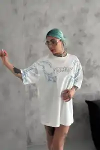 Kadın Tişort Bisiklet Yaka Yıldırım Şimşek Baskılı Kısa kol T-Shirt - Beyaz
