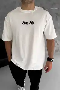 Erkek Kısa Kol Yazlık Tişört Bisiklet Yaka Baskılı Oversize T-Shirt - Beyaz
