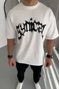 ERKEK Tişört Bisiklet Yaka Baskılı Kısa kol T-Shirt - Beyaz
