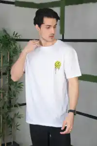 Erkek Kısa Kol Yazlık Tişört Bisiklet Yaka Baskılı Oversize T-Shirt - Beyaz