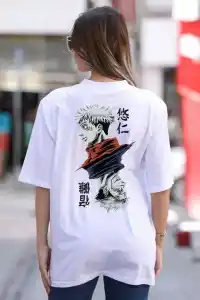 Kadın Baskılı T-Shirt Kısa Kol Bisiklet Yaka Oversize Rahat Kalıp Günlük Tişört - Beyaz