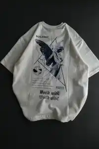 Kadın Baskılı T-Shirt Kısa Kol Bisiklet Yaka Oversize Rahat Kalıp Günlük Tişört   - Beyaz