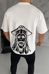 Erkek Kısa Kol Tişört Bisiklet Yaka Yıldırım Baskılı Oversize T-Shirt - Beyaz