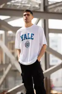 Erkek Kısa Kol Yazlık Tişört Bisiklet Yaka YALE Baskılı  T-Shirt - Beyaz